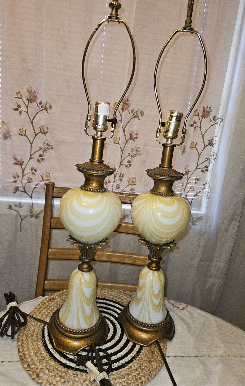 Vintage-Style Cream Swirl Glass Table Lamp Pair with Gold Accents